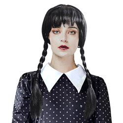 Sort parykk med fletter og pannelugg Sort parykk med flette og pannelugg - Halloween